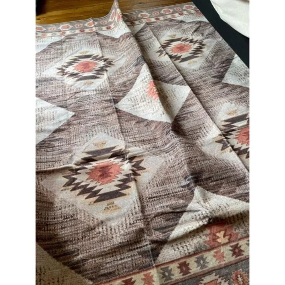 New 5x7 Cream Camel Western Rug, Washable Low Pile Non-Slip Area Carpet for Home